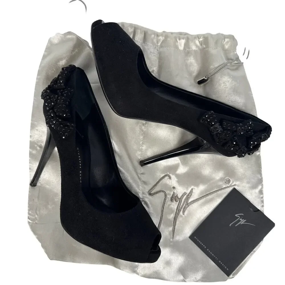 Giuseppe‎ Zanotti Black Suede Bow Embellished Peep Toe Stiletto Sandals 37 EU